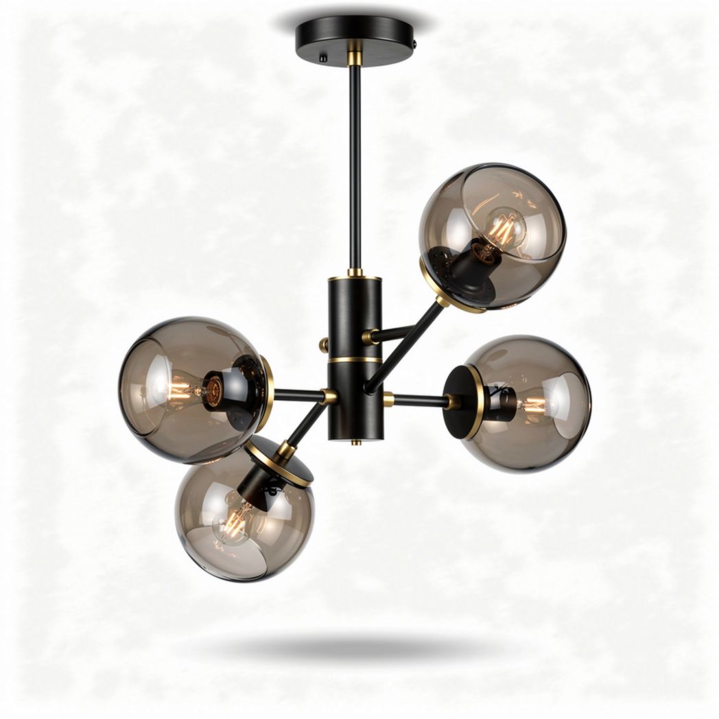 Zwarte metalen hanglamp met vier glazen bollen diameter 30cm