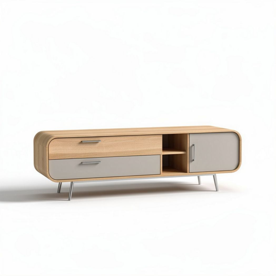Houten tv-meubel met grijze lades 150 x 40 x 50cm