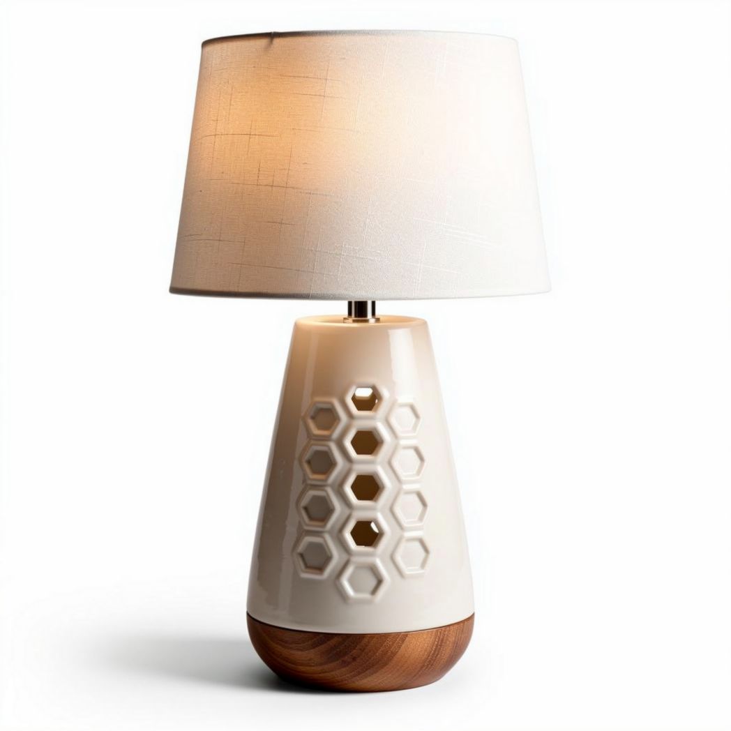 Tafellamp met honingraatdesign van keramiek en houten voet 25 x 25 x 50cm