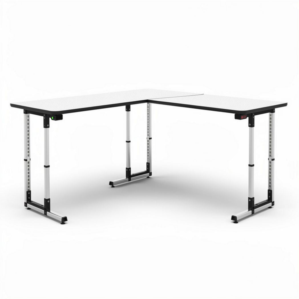 Hoekbureau met verstelbare poten van aluminium en een wit tafelblad 150 x 75 x 75cm